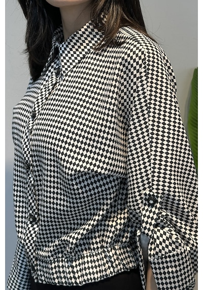 Lale Butik Desenli Kol Detaylı Gömlek 14416 Siyah