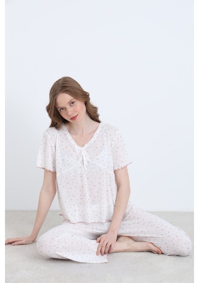 Elitol Jakarlı Viskon Bağlamalı Kadın Pijama Takımı Desenli-11