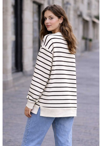 Tenra Oversize Geniş Kalıp Kadın Sweatshirt Bisiklet Yaka Basic Çizgili Siyah