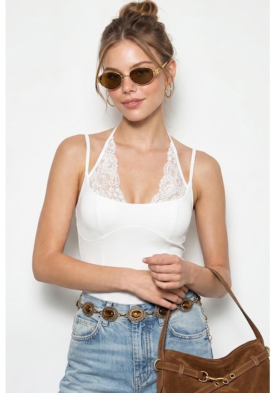 Shade Kadın Dantel Detaylı Halter Yaka Çıtçıtlı Bluz Öa261017 60286242 - Beyaz