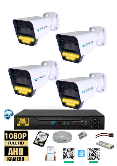 4 Kameralı AHD Full HD 9 LED 5MP Kamera Seti - 500GB HDD Dahil Gece (Renkli) Görüş