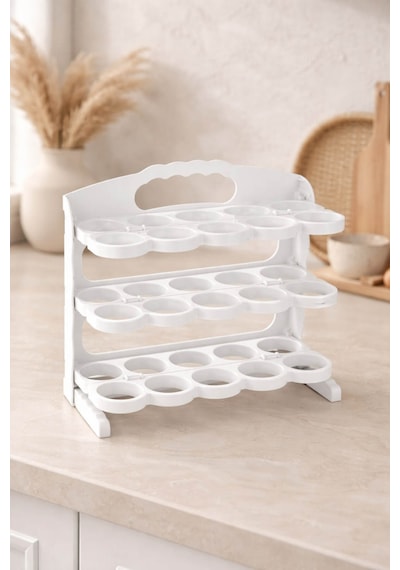 3 Katlı Yumurta Rafı 30 Bölmeli Buzdolabı Düzenleyici Raf Tezgah Ve Dolap İçi Organizer 24,5x17x21cm Beyaz