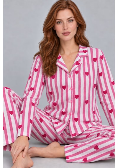 Womanandkids Night Pembe Kadın Uzun Kollu Gömlek Yaka Çizgili Kalpli Pijama Takımı 4770