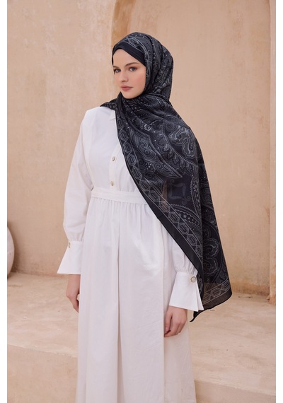 Belli Fresh Çiçek Desen Vintage Şal 3 Siyah-Gri