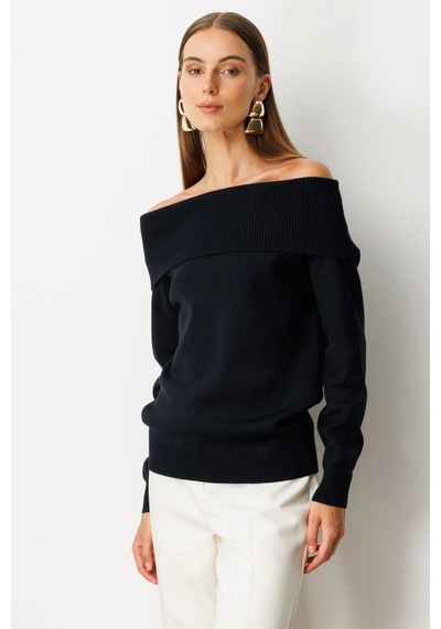 On Fashion Kadın Omzu Açık Siyah Kazak 65380 Siyah