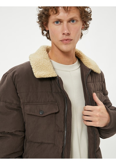 Koton Slim Fit Şişme Mont Peluş Yaka Detaylı Fermuarlı Kahverengi 5wam20089hw Kahve Kahverengi