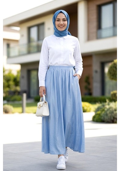 Hb Harma Time Butik Kadın Beli Lastikli Çilek Kumaş Mavi Etek Mavi Mavi