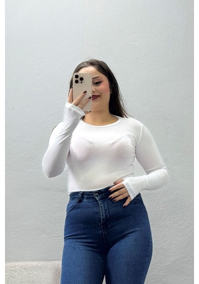 Belendir Kadın Bisiklet Yaka Parmak Geçmeli Viskon Body Beyaz