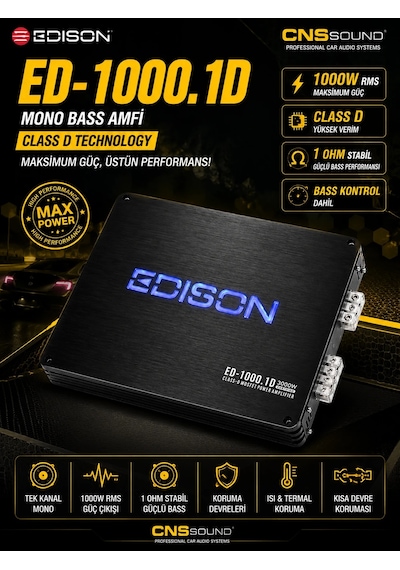 Edison Ed-1000.1d Mono Bass Amfi 1000 Rms Bass Kontrol Dahil Class D