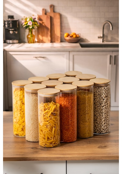 Porsima 4-4 Bambu Vakumlu Kapaklı Yuvarlak Cam 12li Kavanoz Seti Saklama Kabı 2100ml 10x30cm