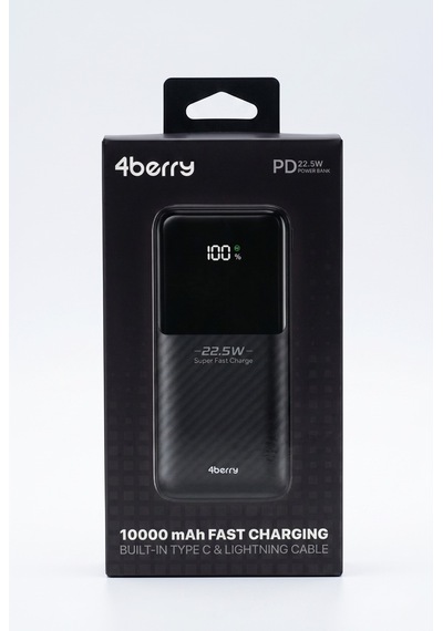 4berry Y376 10000mah 22.5w Süper Hızlı Şarj Type-c Ve Lightning Kablolu Powerbank Siyah