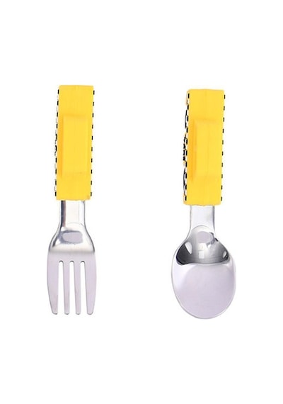 Jojobebek Kaşık Çatal Seti, Ergonomik Kısa Saplı Silikon, Paslanmaz Çelik Uçlu, Saklama Kutulu, (9-24 Ay) (TAKSİ FİGÜRLÜ-SARI)