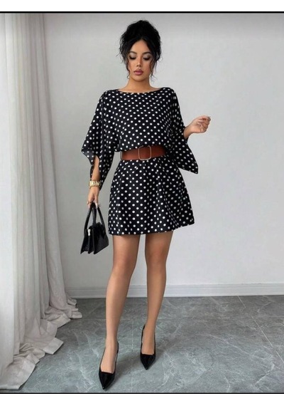 Efnaz Style Kadın Puantiyeli Örme Krep Mini Elbise Kemersiz Siyah