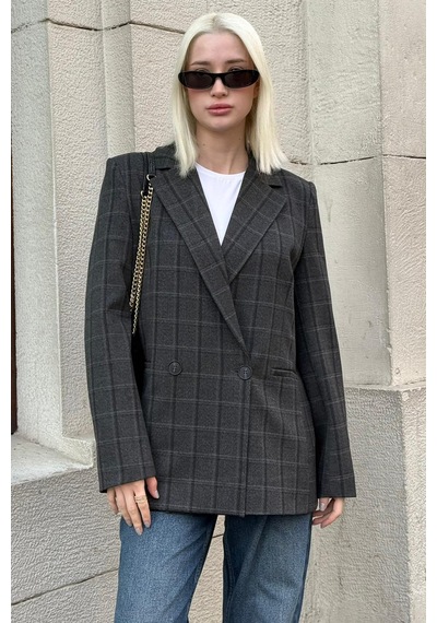 Antrasit Kareli Kadın Blazer Ceket Mg2624 Antrasit