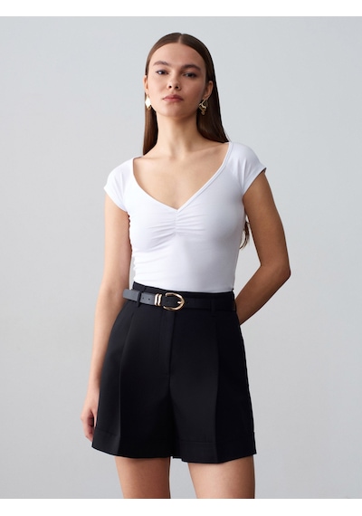 Dilvin 32843 Kısa Kollu Büzgülü T-shirt-beyaz