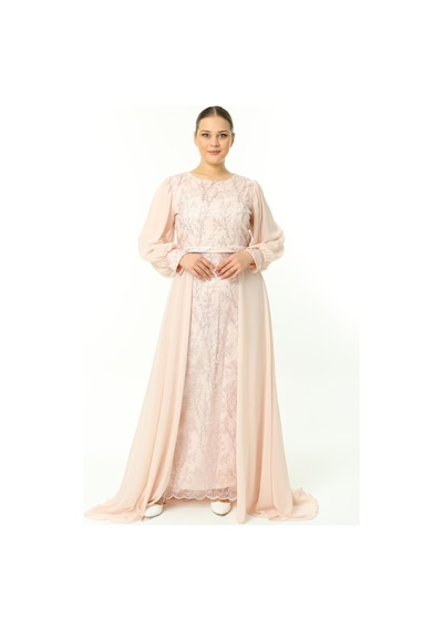 Ladies First Büyük Beden 3704 Pudra Uzun Abiye Elbise