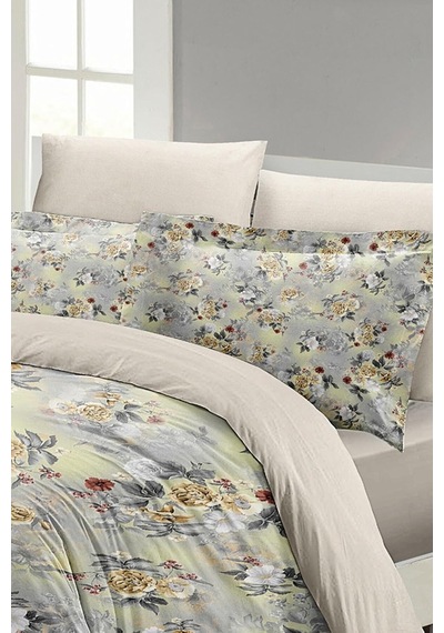 King Size Gri Sarı Güller Lüks Çift Kişilik Pamuk Saten Nevresim Takımı 220x240cm, Monohome44343 Çok Renkli