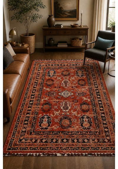 Sultan Nostaljik Kilim Desenli Robot Süpürge Uyumlu Saçaklı Oturma Odası Salon Halısı Kiremit