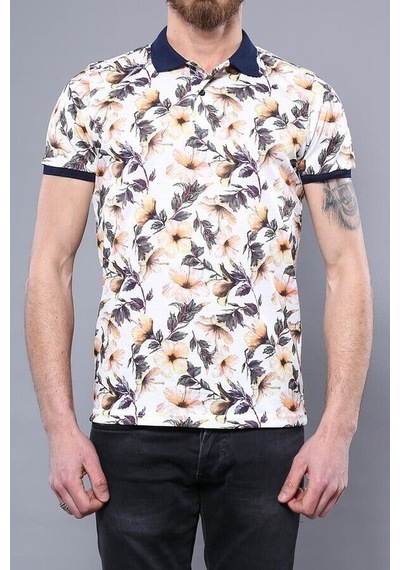 Yake Store Polo Yaka Turuncu Çiçek Desenli T-shirt - Wessi - Turuncu Beyaz