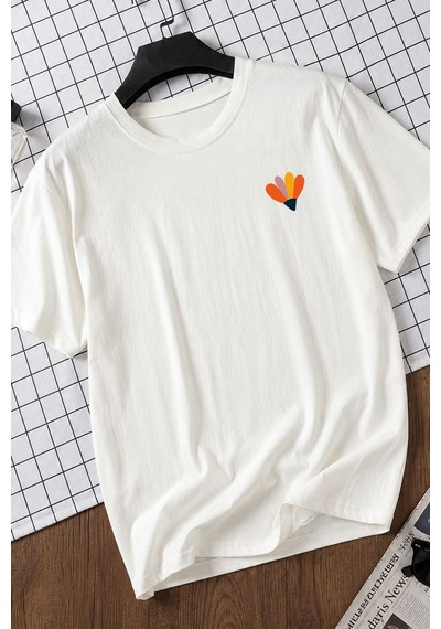 Spoyi Modern Flora Tasarımlı %100 Pamuk Yarım Oversize Beyaz T-shirt