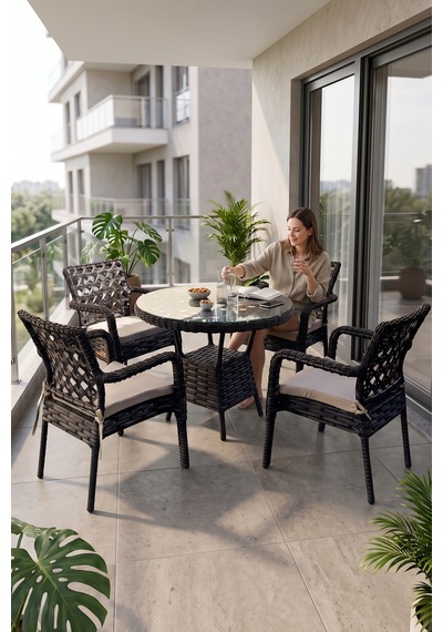 Eterna Serisi 1.sınıf 4 Adet Tekli Siyah Rattan Gri Minder Balkon Bahçe Takımı Eterna Serisi 1.sınıf 4 Adet Tekli Siyah Rattan Gri Minder Balkon Bahçe Takımı