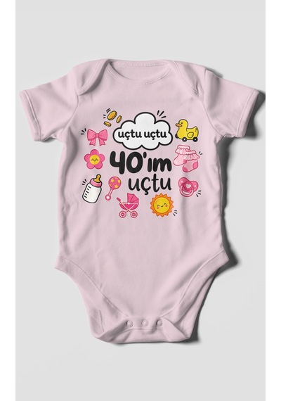 Morivokids Uçtu Uçtu 40'ım Uçtu Kısa Kollu Bebek Body %100 Pamuk Bebe Pembe