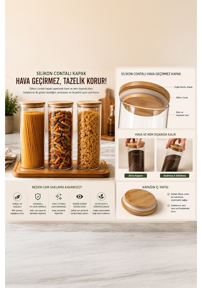 Porsima 4-3 Bambu Vakumlu Kapaklı Yuvarlak Borosilikat Cam 3lü Kavanoz Seti Saklama Kabı 2100ml 10x30cm