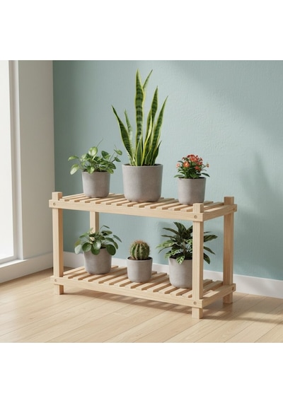 Modern Masif Ahşap Çiçek Standı - 2 Raflı Köknar Ağacı Çok Amaçlı Raf 100x50 Bej