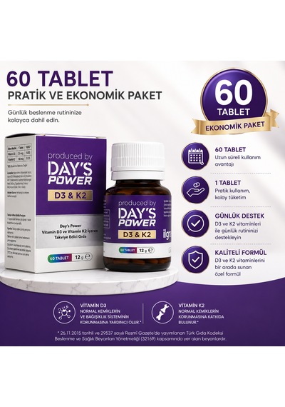 Day's Power D3 & K2 Vitamin Kompleksi 60 Tablet Bağışıklık Ve Kemik Desteği