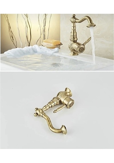 İsaoğlu Yapı Eskitme Lavabo Bataryası Antik Lavabo Musluğu İşlemeli Vintage Tasarım Banyo Musluğu Antik