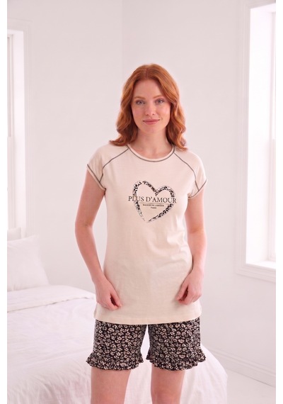 Guava Rahat Düğmesiz Kadın Bisiklet Yaka Yazlık Viskon Kısa Kol Mini Şortlu Pijama Takımı Krem