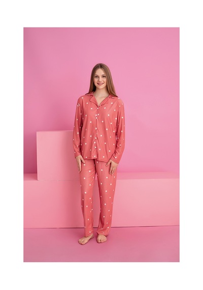 Rindahomewear Kadın Yıldızlı Desenli Süet Örme Uzun Kol Kadın Düğmeli Pijama Takımı Çok Renkli