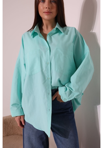 Yeni Sezon Poplin Kumaş Çift Cepli Oversize Pamuklu Kadın Tunik Gömlek Turkuaz