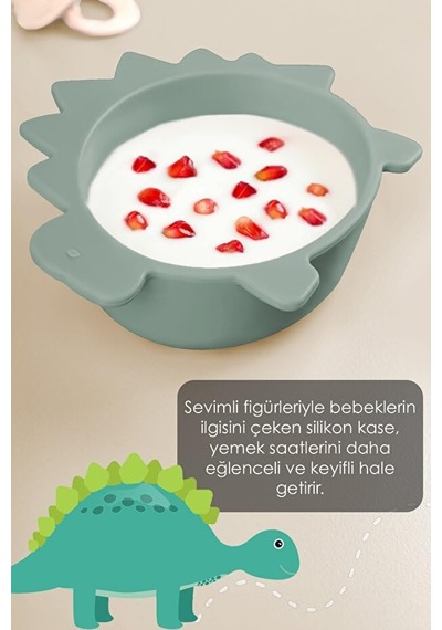 Meleni Baby Dinozor Figürlü Silikon Bebek Mama Kasesi - Şekilli Bebek Beslenme Kasesi - Yeşil Genel