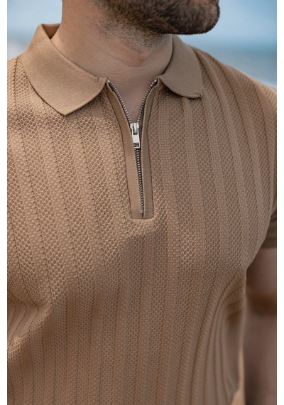 Madmext Camel Yarım Fermuarlı Polo Yaka Erkek Triko Tişört E7458