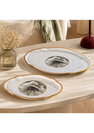 Porsima 5817 2li Dekoratif Oval Servis Tepsi Seti - Çay Ve Kahve Kahvaltılık Sunum Tepsisi Çok Renkli