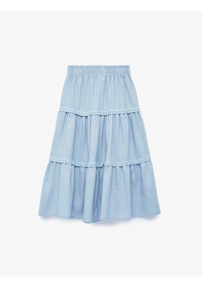 Koton Bol Kesim Viskon Ve Keten Karışımlı Kat Detaylı Pileli Çizgili Midi Etek Mavi 6skg70217aw Koton Bol Kesim Viskon Ve Keten Karışımlı Kat Detaylı Pileli Çizgili Midi Etek Mavi 6skg70217aw