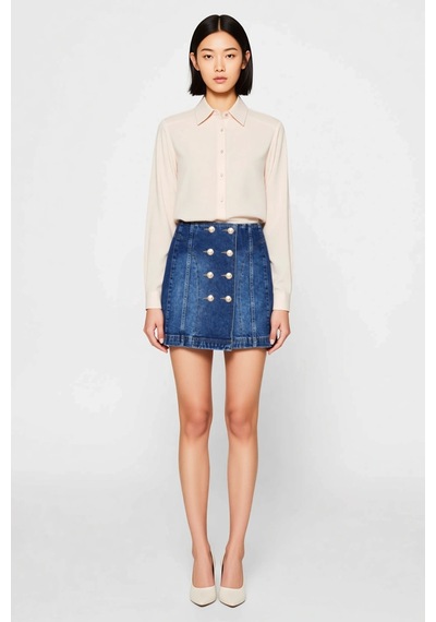 Benerly Kadın Mini Denim Etek Çift Düğme Detaylı A-line Kesim %99 Pamuk R Mavi