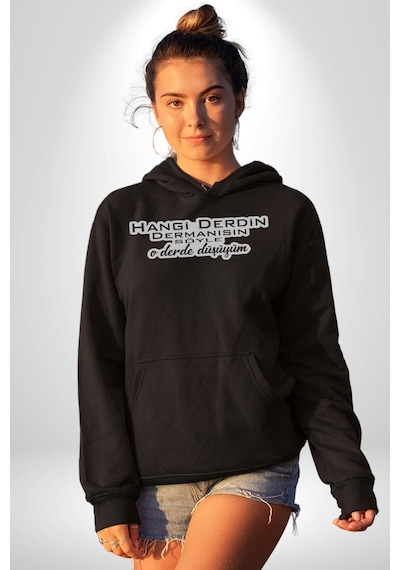 Hangi Derdin Dermanısın Söyle O Derde Düşüyüm Yazılı Kadın Erkek Siyah Kapüşonlu Sweatshirt Hoodie Siyah