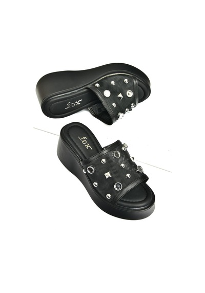 Fox Shoes U973622009 Siyah Kalın Tabanlı Kadın Terlik Siyah-suni Deri Siyah