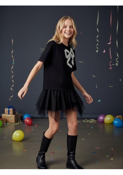 Zekids Kız Çocuk Fiyonk Desenli Yarım Kollu Tasarım T-shirt-16533 Siyah