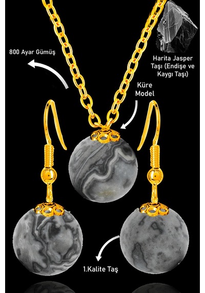 Sertifikalı Gold Küre Model Harita Jasper Taşı Kolye Ve Küpe Seti Çok Renkli