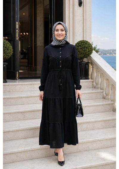 Hb Harma Time Butik Kadın Düğmeli Dantel Detaylı Beli Bağcıklı Ayrobin Siyah Elbise Siyah Siyah Hb Harma Time Butik Kadın Düğmeli Dantel Detaylı Beli Bağcıklı Ayrobin Siyah Elbise Siyah Siyah