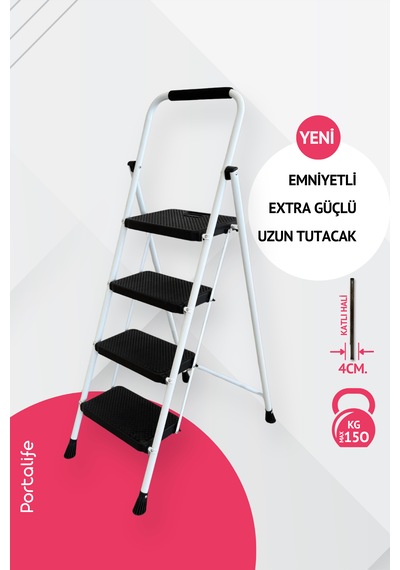 Portalife 4 Basamaklı Uzun Tutacaklı Çelik Şık Merdiven - Beyaz 150 Cm'ye Kadar
