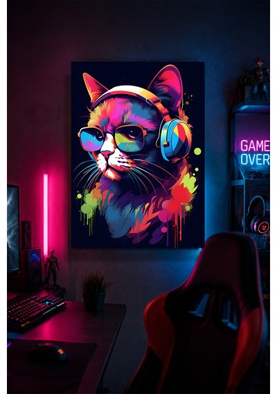 Gaming Kedi Metal Duvar Tablosu Kulaklıklı Güneş Gözlüklü Gamer Oda Dekoru 20x30 Cm A4 Boyutunda