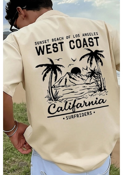 Genius Store Erkek Tişört Pamuklu Kumaş Sırt Baskılı Tişört Sokak Modası Rahat Kalıp T-shirt West-bej
