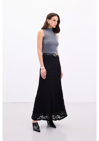 Sateen Dantelli Uzun Etek - Siyah-136891 Siyah