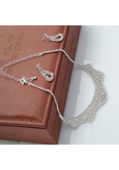 Ehediye Chavin Düğün Nişan Kına Damla Taşlı Kadın Kolye Küpe Set Eg90 Beyaz