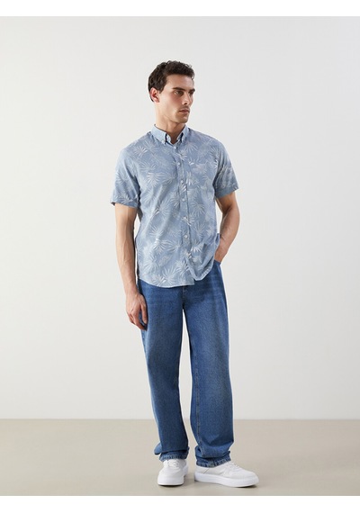 Lcwaıkıkı Classic Mavi Regular Fit Kısa Kollu Desenli Poplin Erkek Gömlek