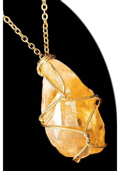 Erilsa Sertifikalı Ham İşlenmemiş Gold Sitrin Taşı Kolye - Tel Sargılı Çok Renkli